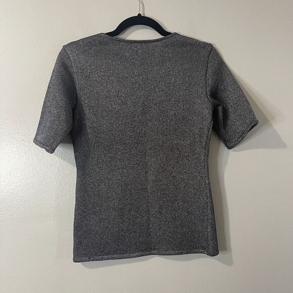 RALPH LAUREN BLACK LABEL Metallic Knit Short Sleeve Top Medium Silver Black - Picture 4 of 8